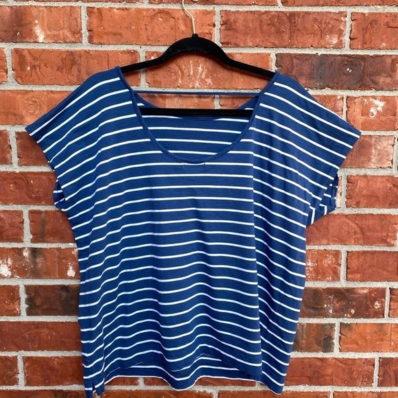 Chaps Womens 2X Keyhole Cutout Back Blue Stripe Batwing Short Sleeve Top - Picture 3 of 8